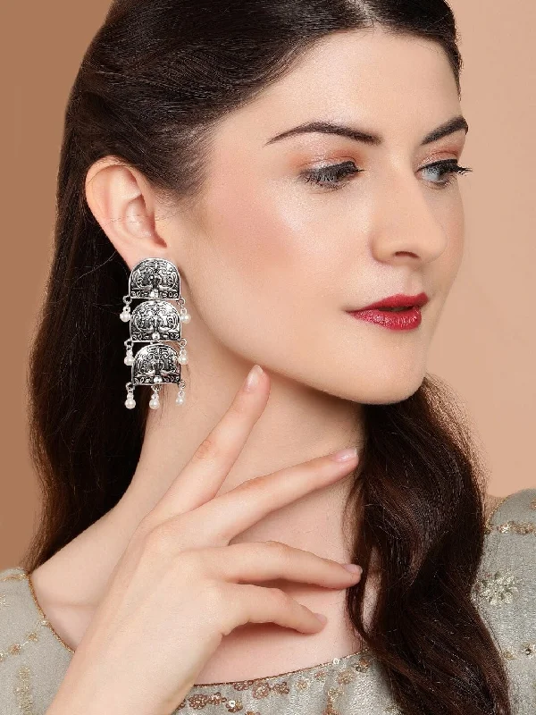 Rubans Silver-Plated Peacock Shaped Drop Earrings