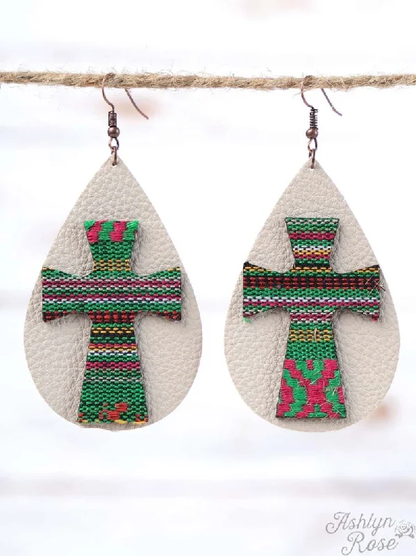 Serape Cross Leather Teardrop Earrings, Green