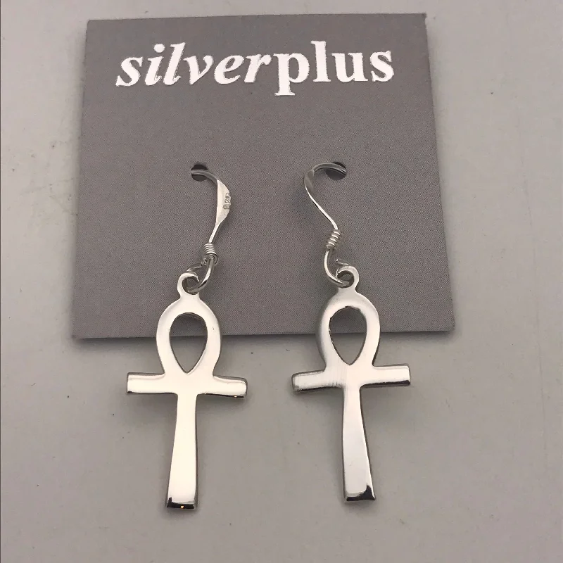 Sterling Silver Shiny Ankh Crossed Drop Earrings