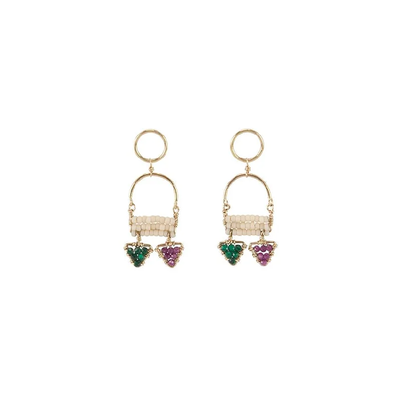 Short Arched Pendant Earrings With 2 Gemstone Triangles - PINK/RUBY/MALACHITE