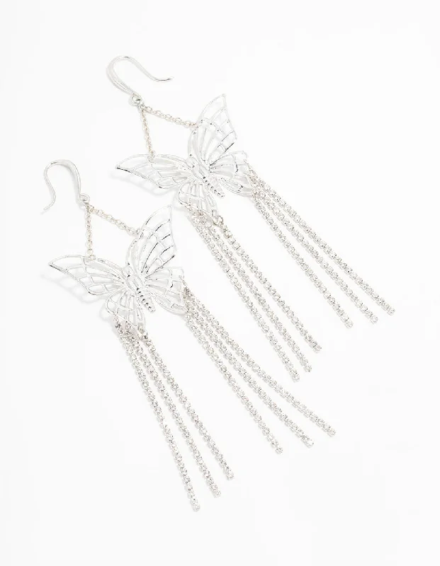 Silver Butterfly Cupchain Drop Earrings