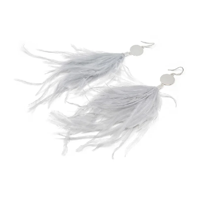 Light Gray Feathers Drop Earrings Silver Tone