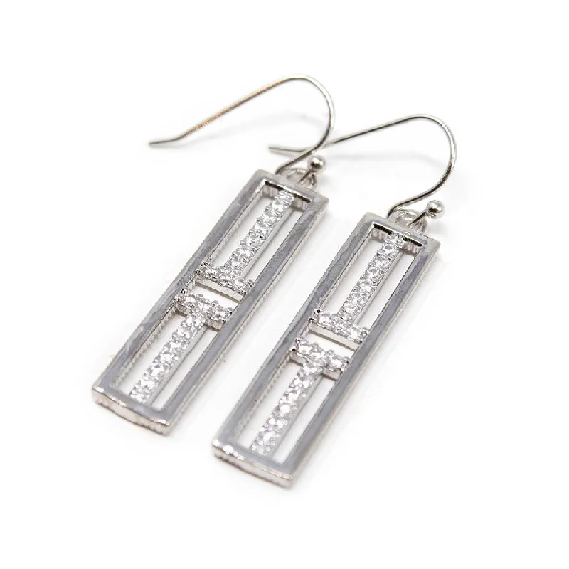 Silver Tone Rectangular Pave Drop Earrings