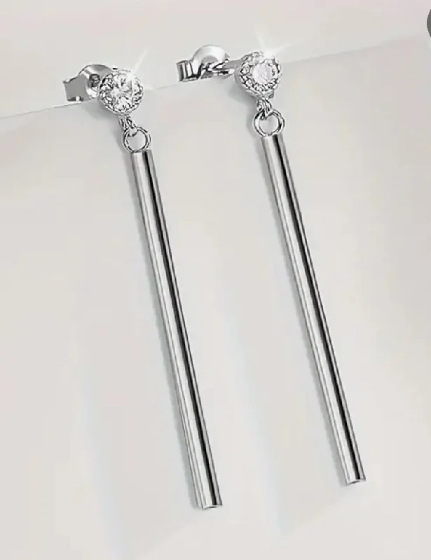 Sterling Silver Round Bar Zircon Drop Earrings