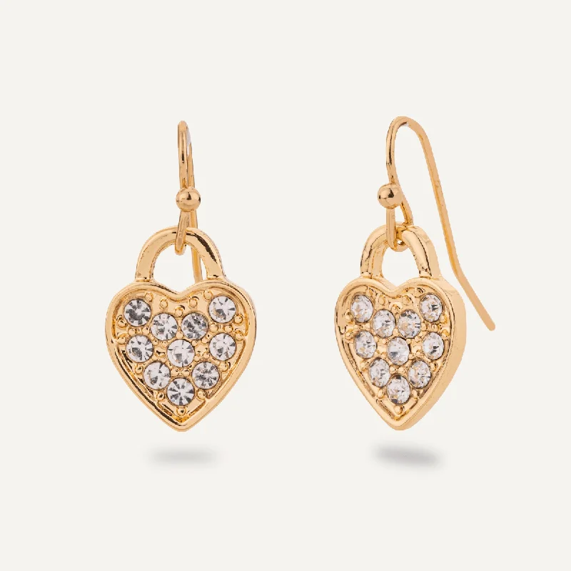 Sweetheart Crystal Padlock Heart Drop Earrings In Gold-Tone