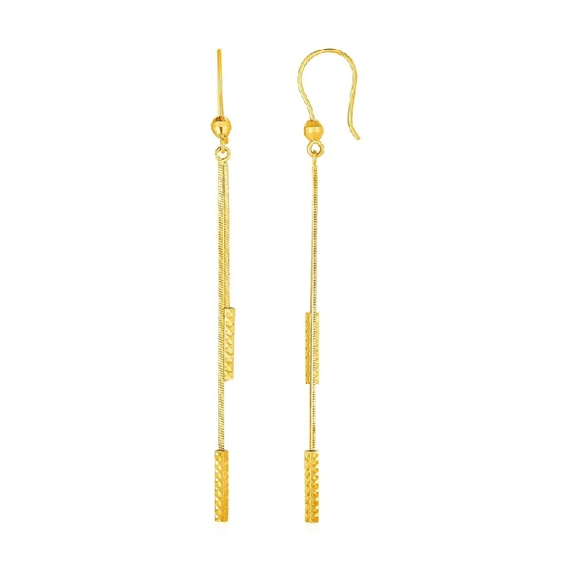 Textured Bar Long Drop Earrings in 14k Yellow Gold