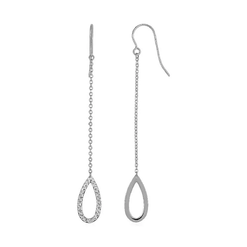 LOVCIA Luxury Classic 14k White Gold Long Drop Earrings with Textured Pear Shapes