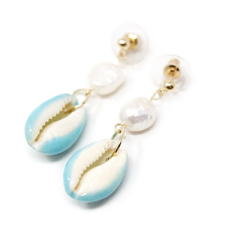 Turquoise Cowry Pearl Drop Earrings Gold Tone