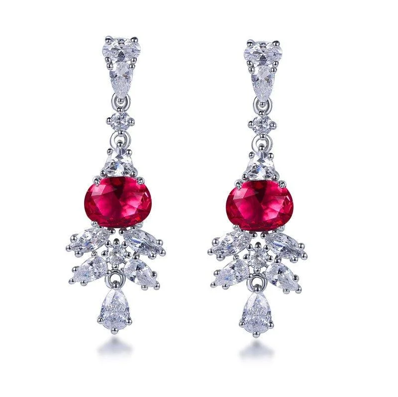 Two Tone Ruby Round Cut Drop Earrings