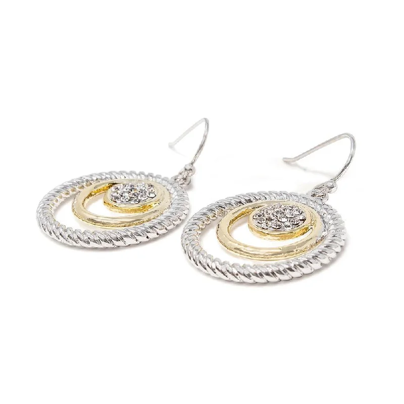 Two Tone Circle Drop Earrings Clear Cubic Zirconia Pave