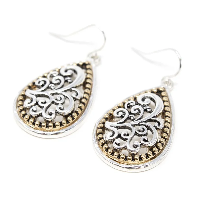 Two Tone Filigree Teardrop Earrings