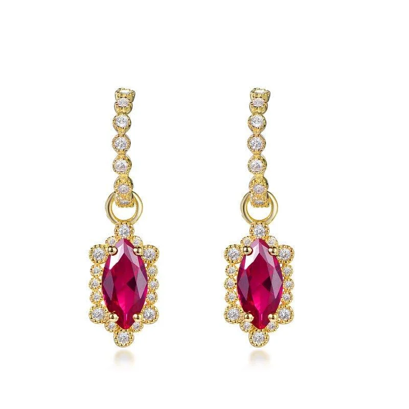 Vintage Two Tone Ruby Marquise Cut Drop Earrings In Sterling Silver