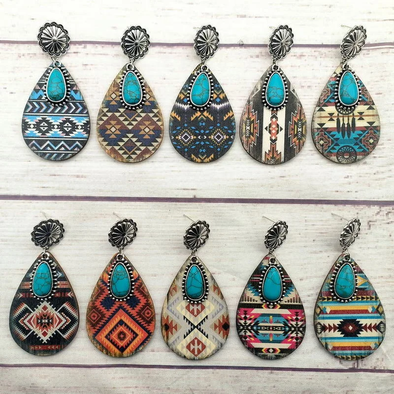 Wholesale Ethnic Turquoise Western Style Aztec Leather Drop Earrings