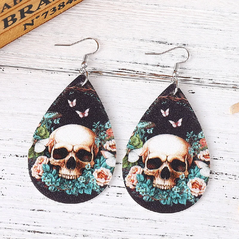 Wholesale Leaves Flower Butterfly Skull Earrings Double Sided PU Leather Water Drop Earrings