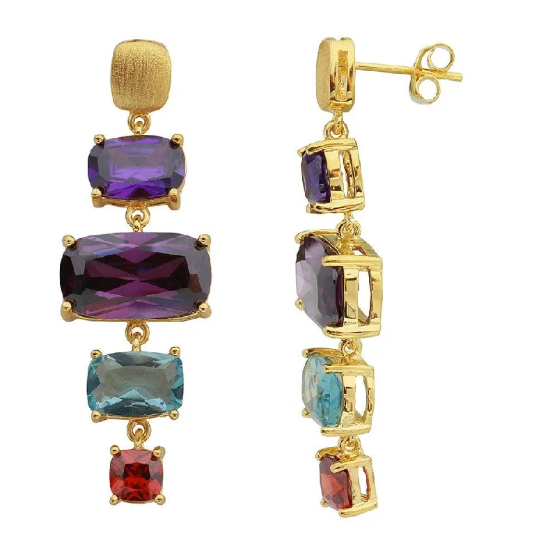 Gold Plated 925 Sterling Silver Multi Color CZ Drop Earrings - BGE00487