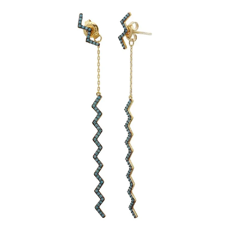 Gold Plated 925 Sterling Silver Zig Zag Drop Earrings with Turquoise Stones - GME00091GB