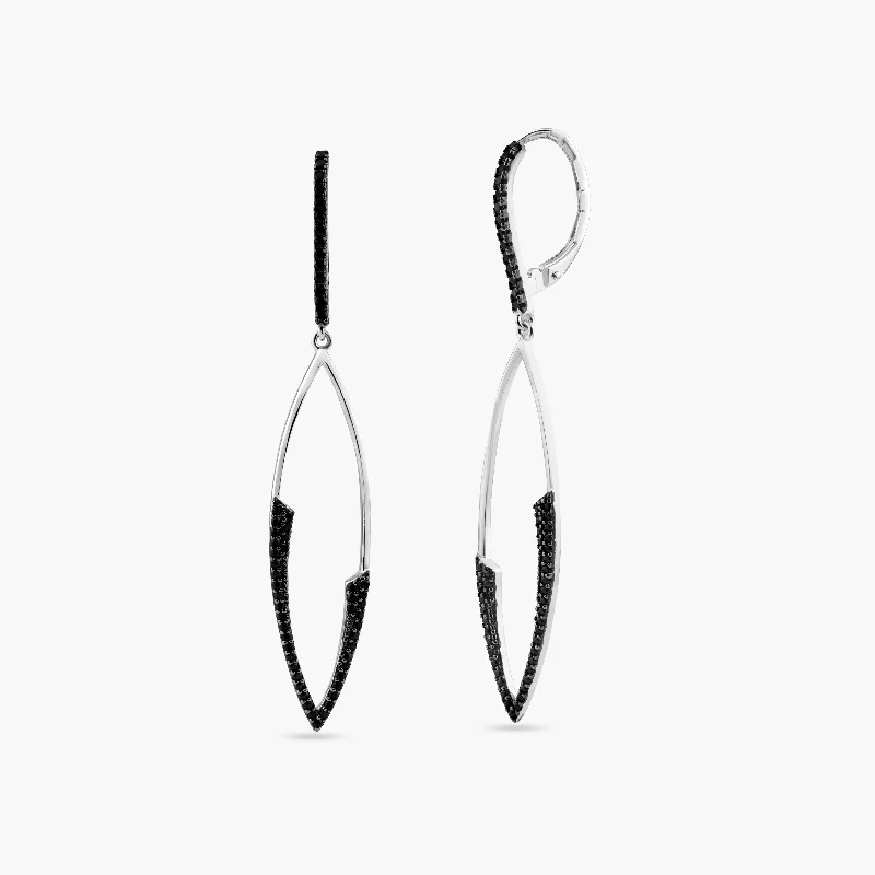 Rhodium Plated 925 Sterling Silver Black CZ Marquee Drop Earrings - BGE00596