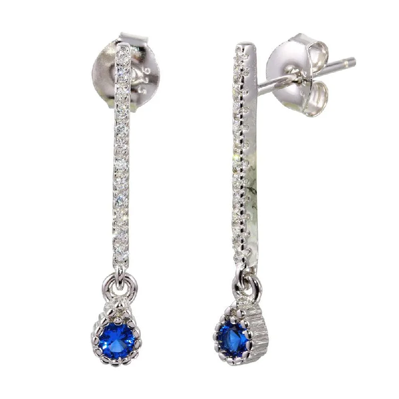 Rhodium Plated 925 Sterling Silver Blue CZ Bar Drop Earrings - BGE00557BLU