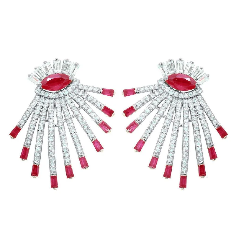 Rhodium Plated 925 Sterling Silver Clear and Red CZ Drop Earrings - GME00105RH-RED