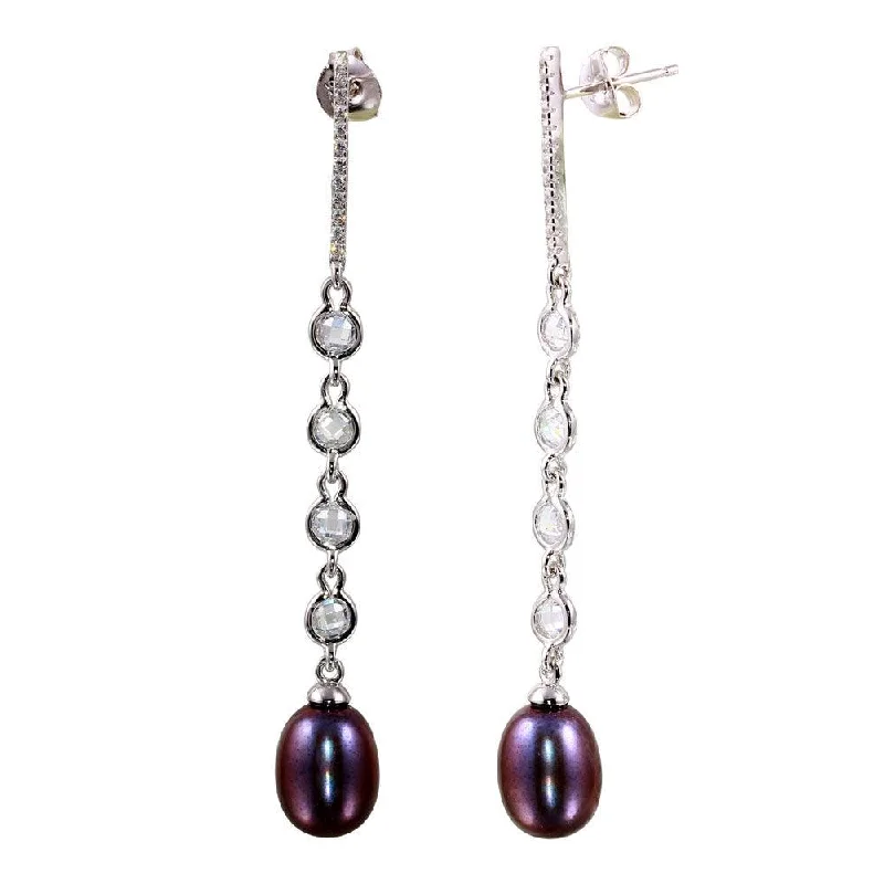 Rhodium Plated 925 Sterling Silver CZ Bar Fresh Water Black Pearl Drop Earrings - BGE00563