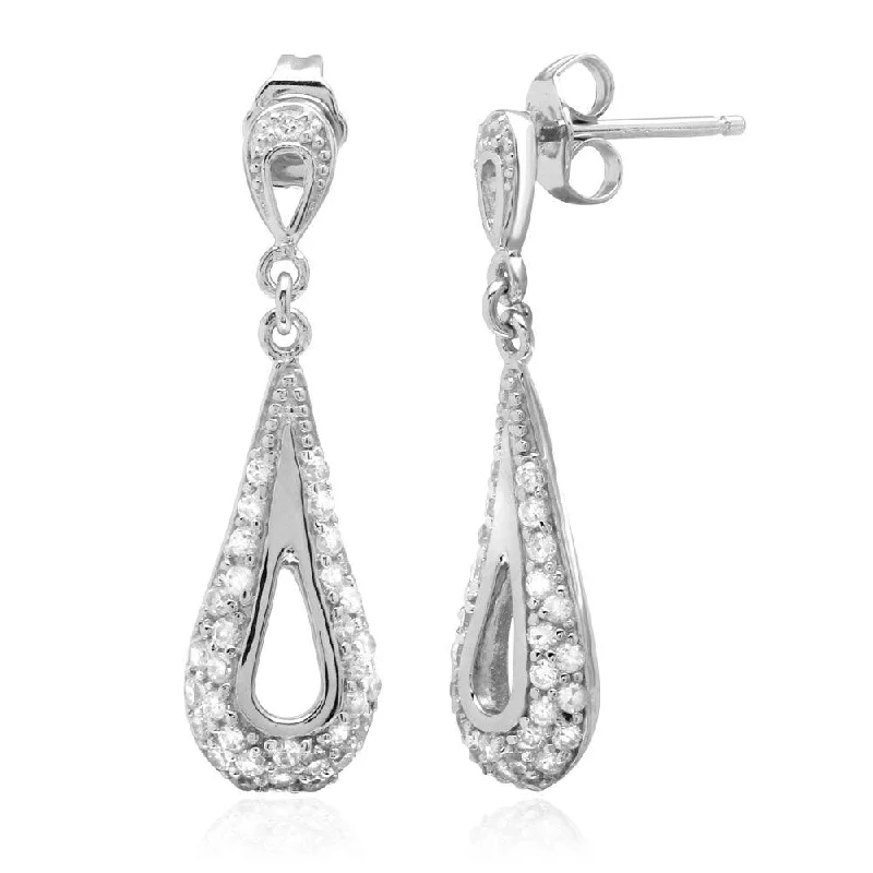 Rhodium Plated 925 Sterling Silver Dangling Open Teardrop Earrings with CZ - ACE00034