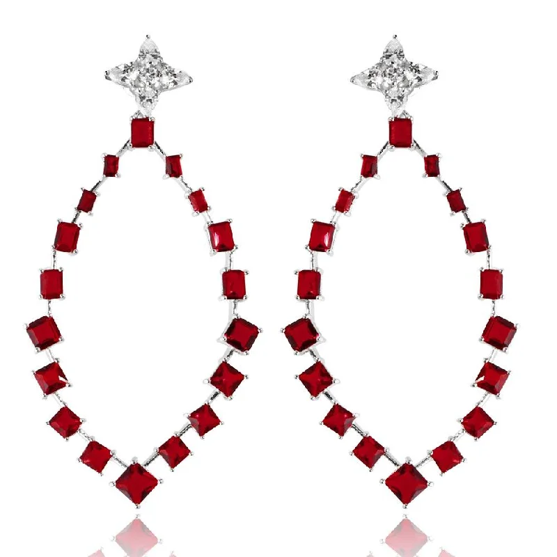 Rhodium Plated 925 Sterling Silver Dangling Teardrop Earrings with CZ - GME00102RH-RED