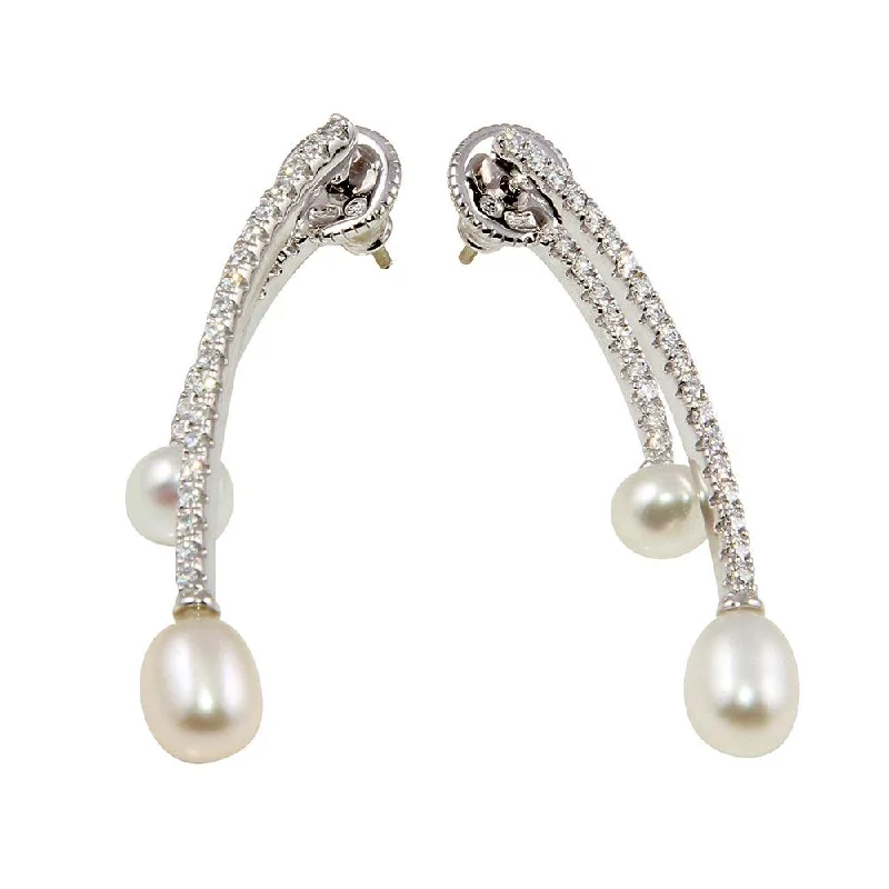 Rhodium Plated 925 Sterling Silver Freshwater Pearl Drop Earrings with CZ - BGE00558