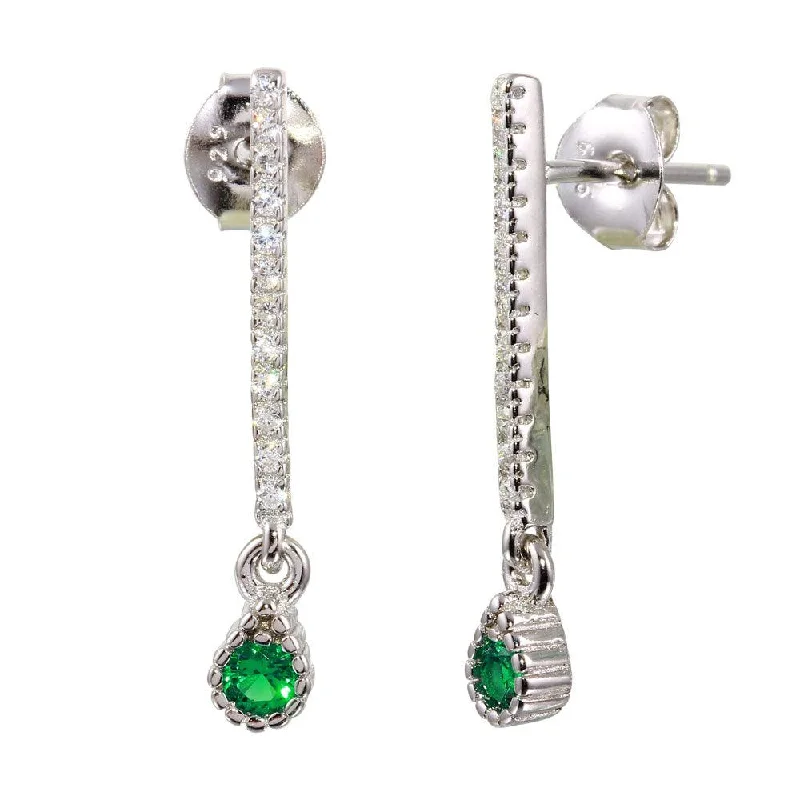 Rhodium Plated 925 Sterling Silver Green CZ Bar Drop Earrings - BGE00557GRN