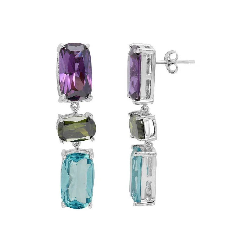 Rhodium Plated 925 Sterling Silver Multi Color CZ Drop Earrings - BGE00500