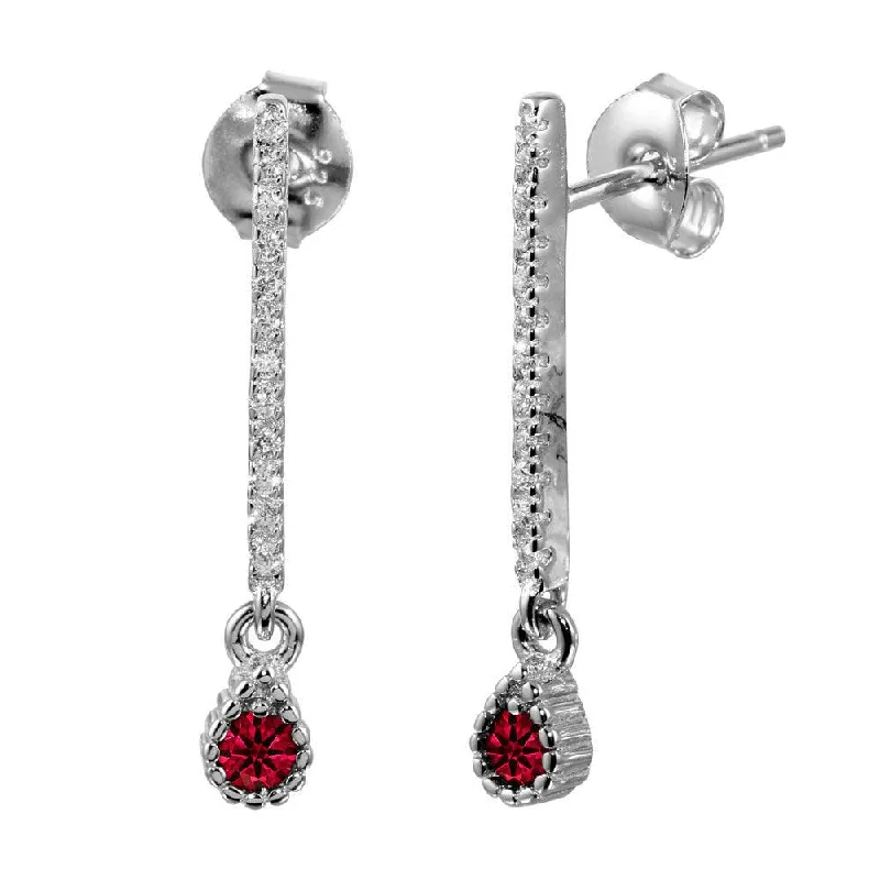 Rhodium Plated 925 Sterling Silver Red CZ Bar Drop Earrings - BGE00557RED