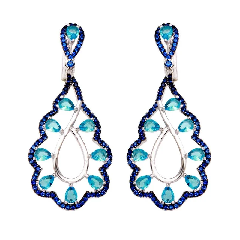 Rhodium Plated 925 Sterling Silver Teal and Blue CZ Teardrop Earrings - BGE00582