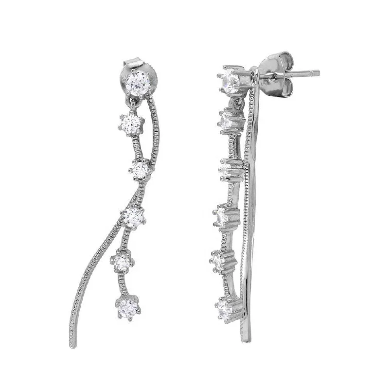 Rhodium Plated 925 Sterling Silver Wave CZ Drop Earrings - BGE00498