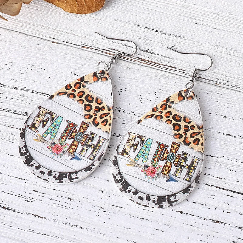 Wholesale Western Denim FAITH Leopard Print Turquoise Cross Double Sided Print PU Leather Drop Earrings